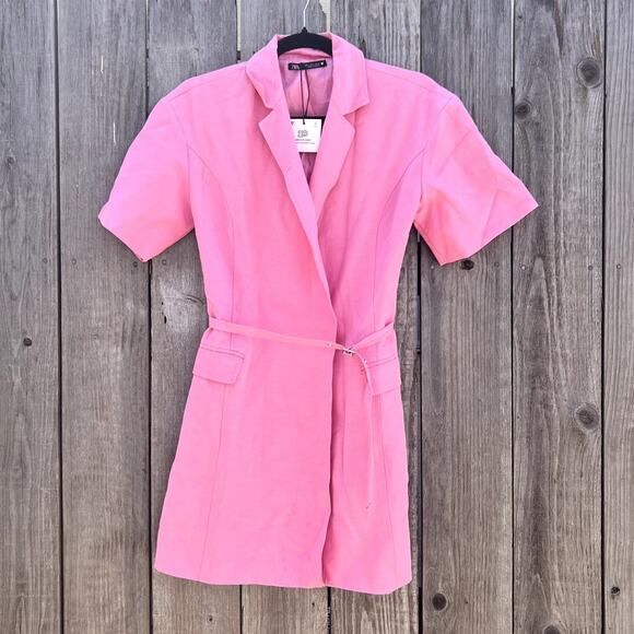Zara | NWT Blogger Fave Linen Blend Blazer Mini Dress Bubblegum Pink Size Small - Picture 2 of 10